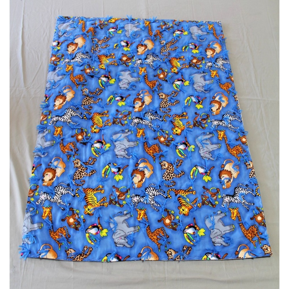 Handmade Baby Blanket Crib Nursery Jungle Animals Blue Primary Colors 43x30